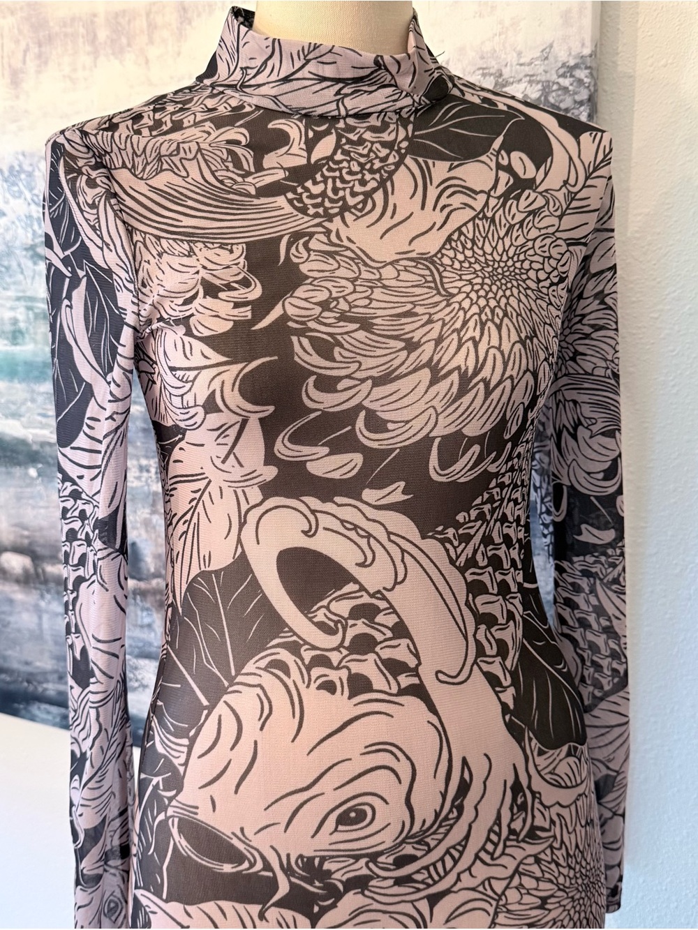 High Neck Long Sleeve Koi Print Sheer Mesh Bodycon
Maxi Dress Small *G* - Picture 5 of 9